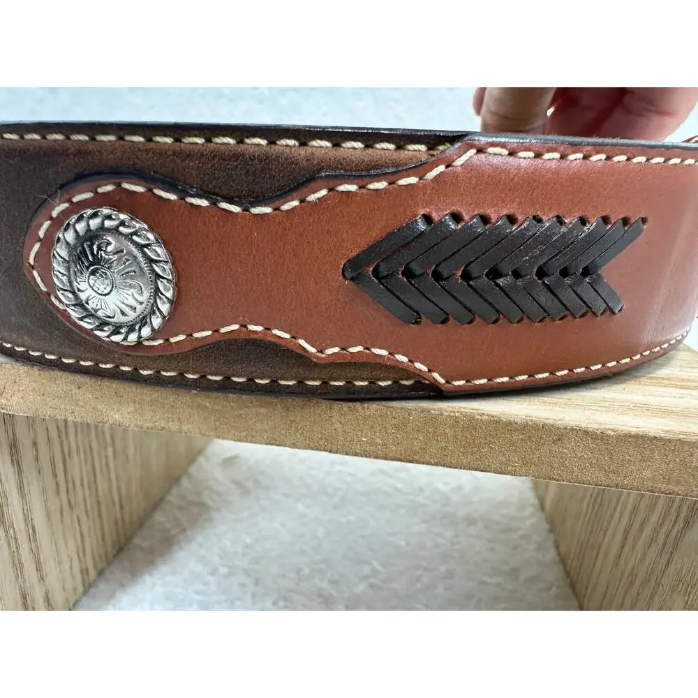 Wrangler Brown Leather Western Belt Silver Tone Concho Accents Black Chevron